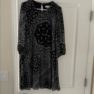 Calvin Klein Black and White Paisley Long Sleeve A-Line Dress